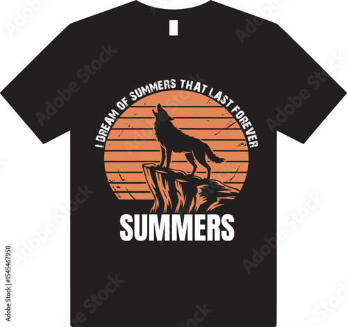Black T Shirt Design Featuring Silhouette Wolf Howling on Cliff Orange Sunset Summers Text Graphic tshirt