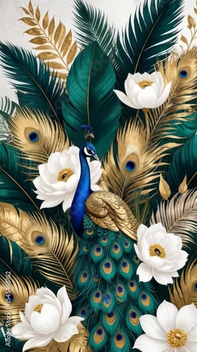 Elegant peacock bird amidst lush green leaves, golden feathers and white flower blooms, creating a glamorous fantasy artwork