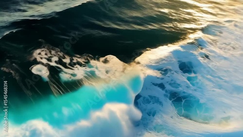 Aerial view of a powerful ocean wave crashing, showcasing its turbulent white foam and contrasting dark blue waters under bright daylight.