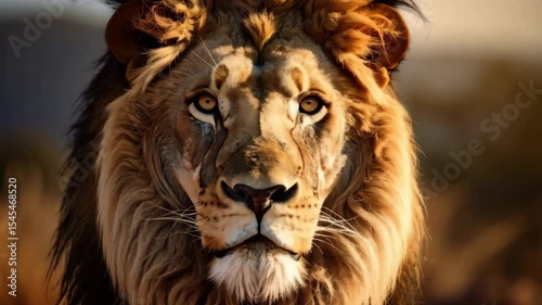 Majestic male lion portrait with striking facial features against a golden, natural backdrop, showcasing beauty of wildlife.