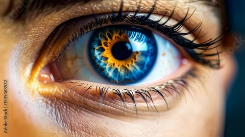 Extreme close-up of a human eye featuring a striking blue, yellow and orange iris pattern with defined lashes and subtle skin texture