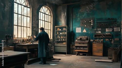 An industrialist in a workshop testing advanced industrial tools
