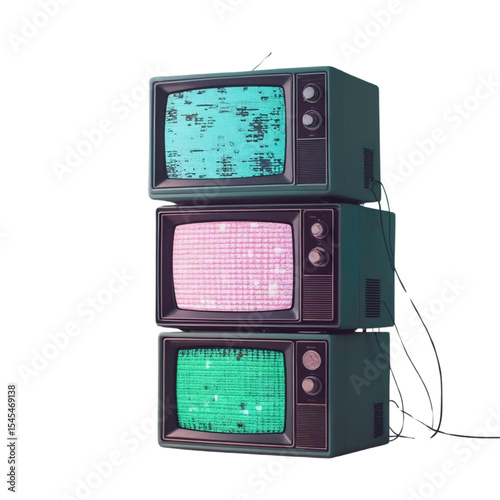 Stack of retro televisions with static screens vintage tv set technology old television antique television