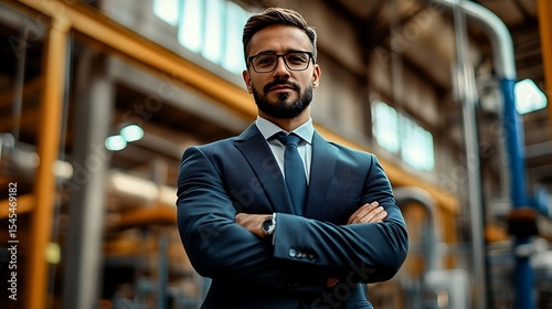 An industrialist in a smart suit, standing confidently at the center of a large factory