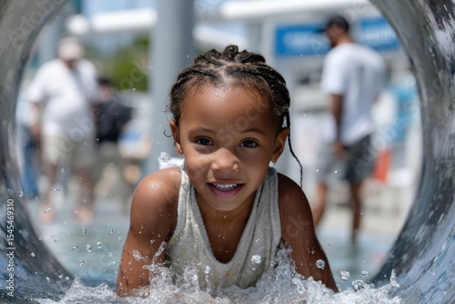 A young girl excitedly emerges from a water tube, radiating joy and excitement, embodying the carefree spirit of summer adventures at the water park with friends.
