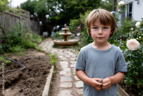 A thoughtful young boy stands quietly in a charming garden pathway, surrounded by blooming flowers and greenery, depicting innocence and curiosity in a serene setting.