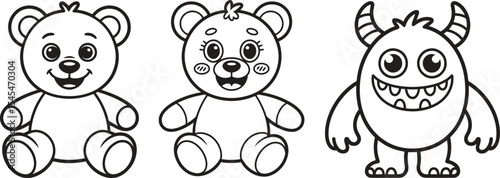 Three Cute Cartoon Characters Black and White Line Art Illustration Two Teddy Bears One Friendly Monster
