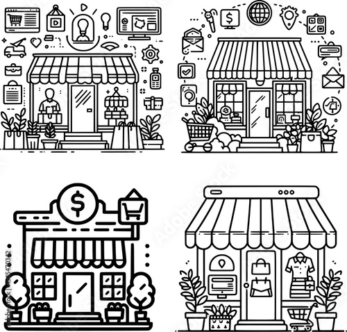 Outline icon of online shop storefront in minimalist black and white style