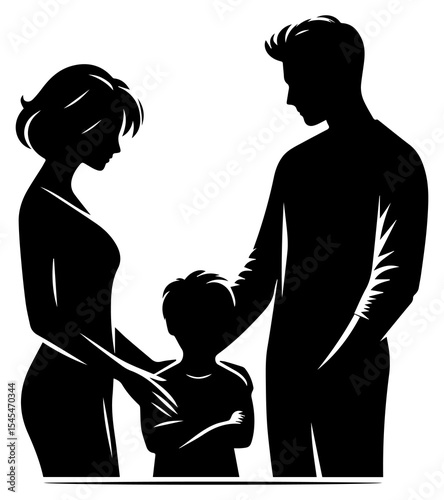 A black and white silhouette of a loving family of a father, mother and child on a white isolated background. Vector graphics. EPS.