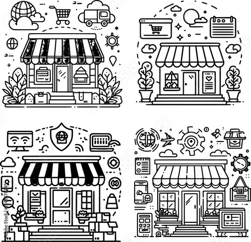 Outline icon of online shop storefront in minimalist black and white style