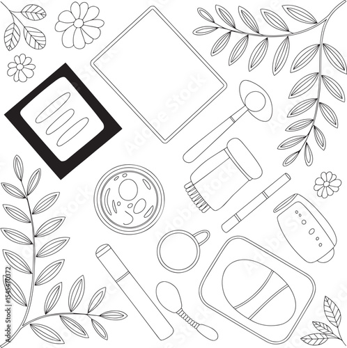 Black and White Line Art Flatlay Featuring Kitchen Utensils Flowers and Leaves Overhead View lineart