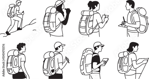 Eight Black Line Art Illustrations of Hikers with Backpacks Trekking and Planning a Trip backpacking