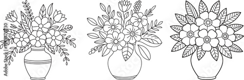 Three Blackand White Line Art Flower Bouquets in Vases Simple Floral Designs Coloring Page Illustrations