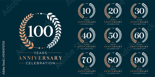 Set of vector icon or logo designs for 10th to 100th anniversary with laurel wreath, in gold color for celebrations, weddings and birthdays