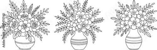 Three Black Line Drawings of Flower Bouquets in Striped Vases Floral Arrangements Roses and Other Blooms Simple