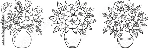 Three Blackand White Line Drawings Flower Bouquets in Vases Floral Arrangements Botanical Illustrations