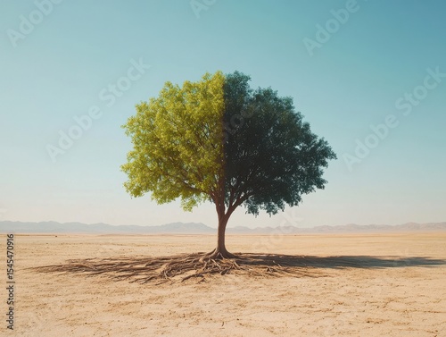 Tree with two trunks and one central tree in desert-like terrain