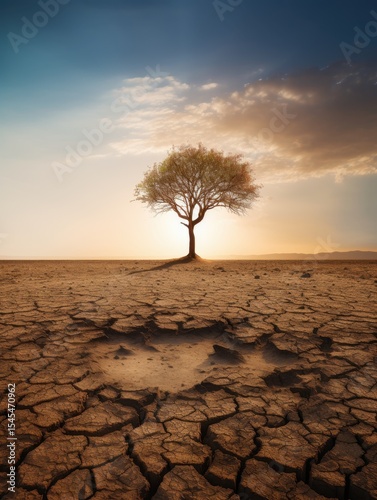 Sunset on cracked clay desert; lone tree; single cloud