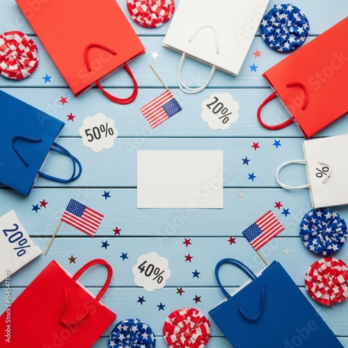 A patriotic shopping event flat lay for Independence Day, with shopping bags, sale tags, flags, and a blank mockup card
