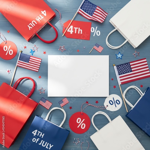A patriotic shopping event flat lay for Independence Day, with shopping bags, sale tags, flags, and a blank mockup card

