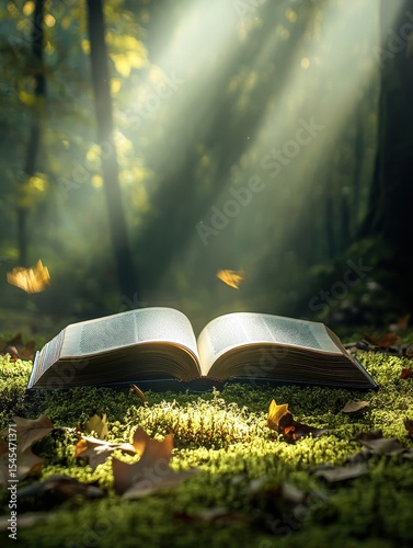 Sunlit open book on mossy ground, surrounded by autumn leaves and forest backdrop
