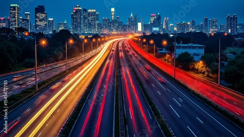 Trading road, commerce route, transport pathway. Market access. Vehicles speed along express lanes. Freight transport increases urban delivery. Efficient pathways reduce travel time.