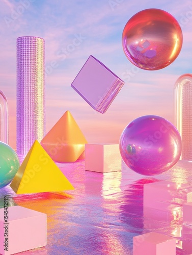 Floating geometric balls on vibrant background