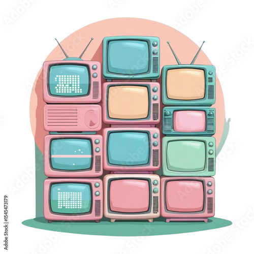 Vintage television sets stacked in pastel colors retro tvs old technology media broadcasting antique tv vector art