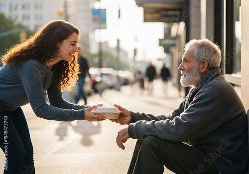 volunteer young woman handing a meal to an old homeless man sitting on a sidewalk