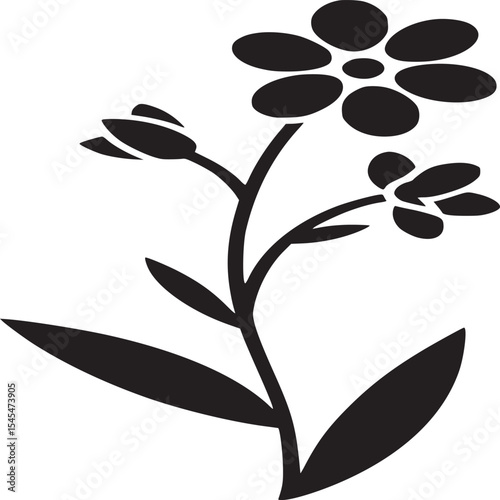 Illustration of a black forget me not flower with leaves and buds on a white background simple design