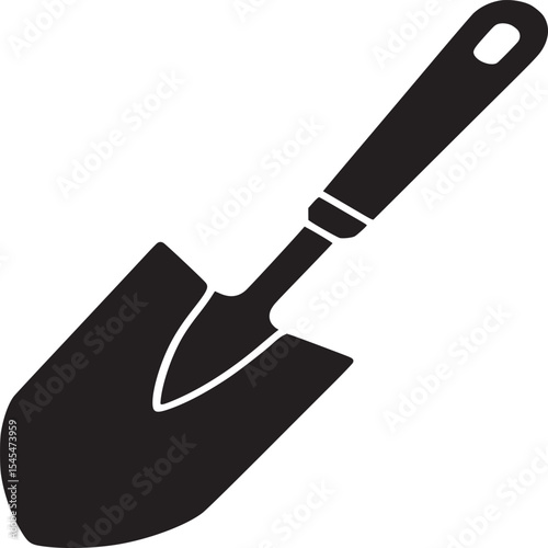 Silhouette of a black hand shovel with a handle and hole on a white background in simple style