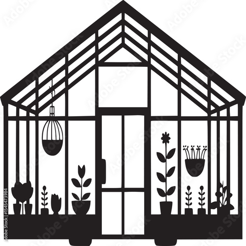 A black and white silhouette of a greenhouse filled with potted plants and a hanging planter inside