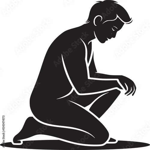 Silhouette of a man kneeling with his head down in a contemplative or sad pose on white background