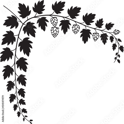 Black and white corner design element featuring hop vines and leaves on a white background space