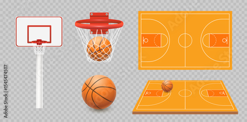 Basketball hoop with net and  basketball ball. Red and black basketball ring. Vector illustration