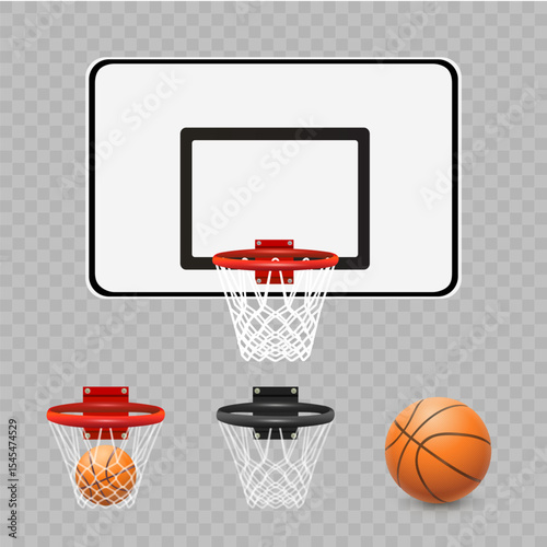 Basketball hoop with net and  basketball ball. Red  basketball ring and sport field. Sports equipment. Vector illustration