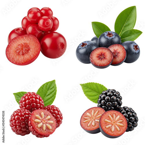 Fresh assorted berries including red currants, blueberries, raspberries, blackberries  