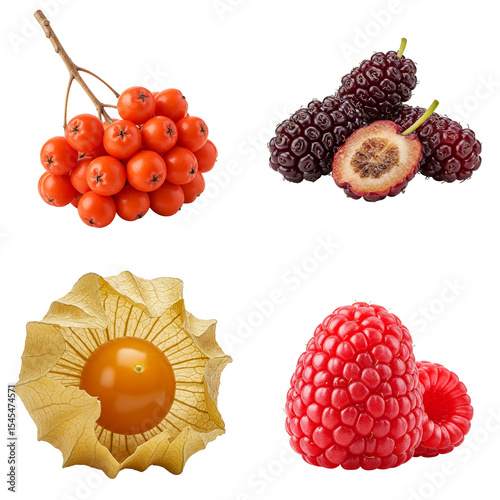 Assorted fresh berries and fruits arranged on white background  
