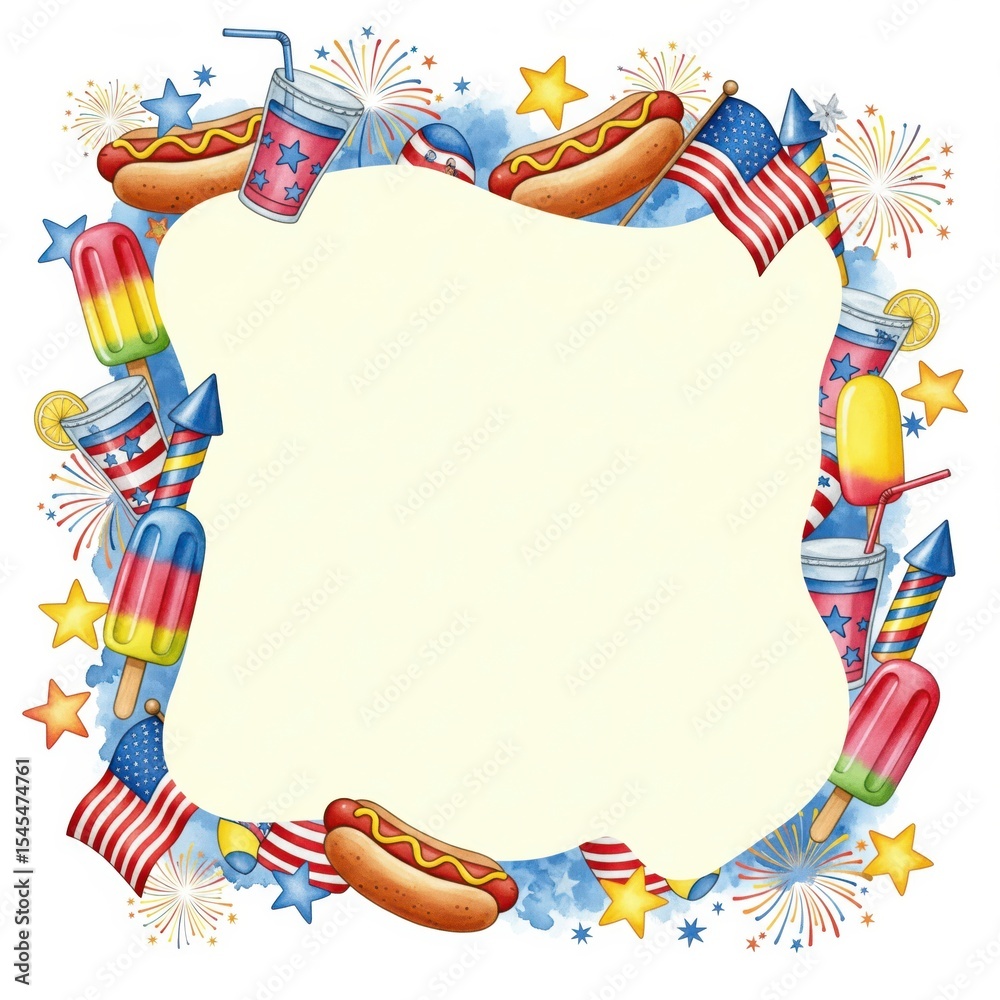 Obraz premium A festive invitation template for a 4th of July barbecue, with a frame of party foods like hot dogs and popsicles 