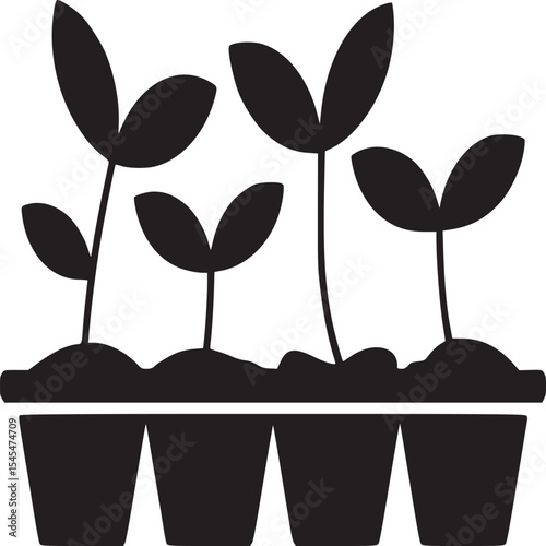 Black silhouette of seedlings growing in a tray with soil against a white background art illustration