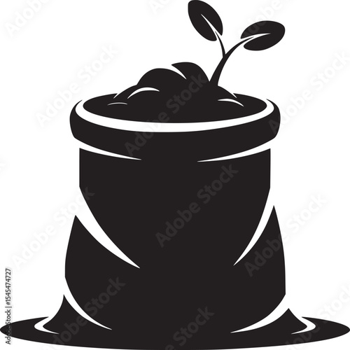 A black silhouette of a bag filled with soil and a small plant sprouting from the top on white background