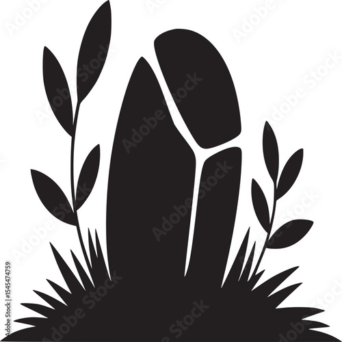 A black gravestone with cracks surrounded by grass and plants in a simple graphic illustration