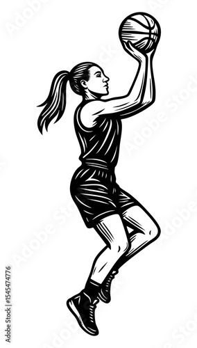 Black SVG of a female basketball player in mid-jump, aiming to shoot. Monochrome stencil line art. Perfect for cutout, tshirt print, or sports design.

