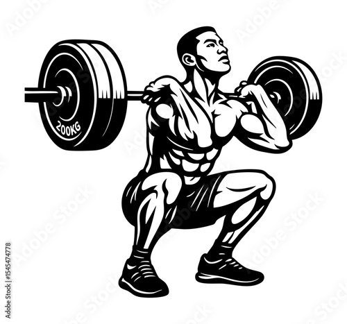 Black vector illustration of a muscular man performing a heavy squat with a 200kg barbell. Isolated cutout SVG design with transparent background, ideal for gym and fitness themes.

