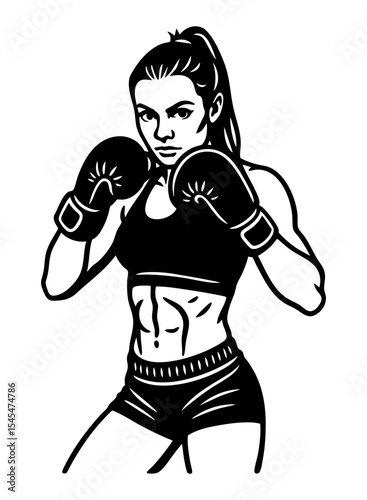 Black vector illustration of a female boxer in guard stance with gloves up. Isolated cutout on transparent background, perfect for fitness and combat sports SVG designs.

