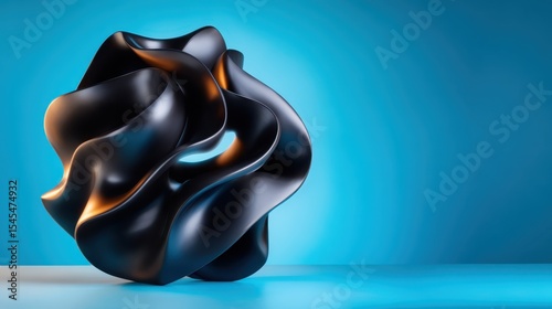 An intriguing black abstract sculpture gracefully twisting against a vibrant blue background, combining modern art elements with design sensibility for a striking visual appeal.