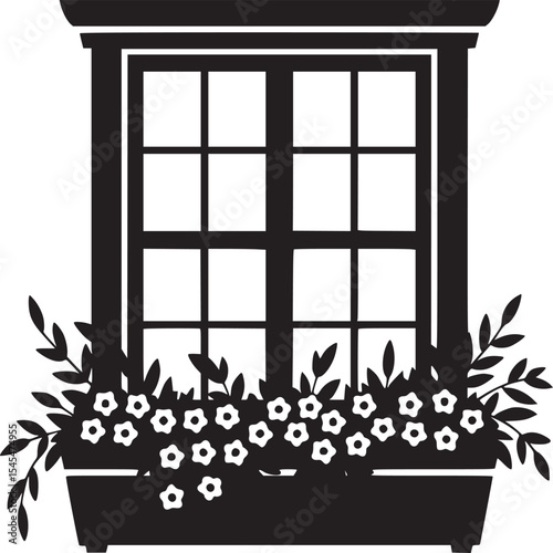 Black and white graphic of a window box filled with flowers and foliage in a simple silhouette style