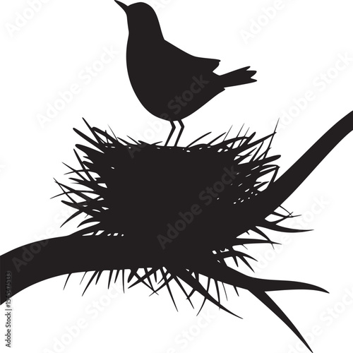 A silhouette of a bird perched on a nest placed on a tree branch against a white background