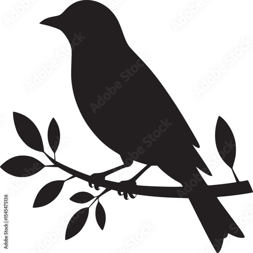Silhouette of a bird perched on a branch with leaves against a white background in simple illustration