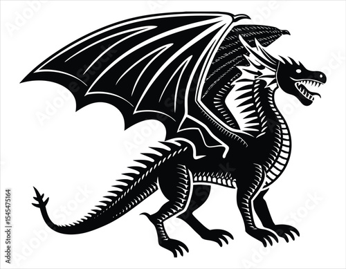 Fierce black dragon silhouette with spread wings and spiked tail, mythical fantasy creature art